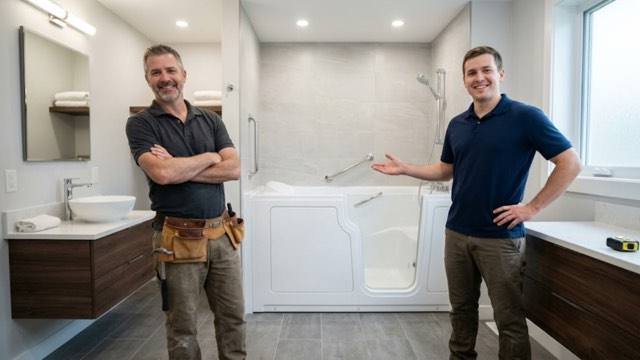 Walk-In Bathroom Tubs Philadelphia PA installer with a customer in their bathroom